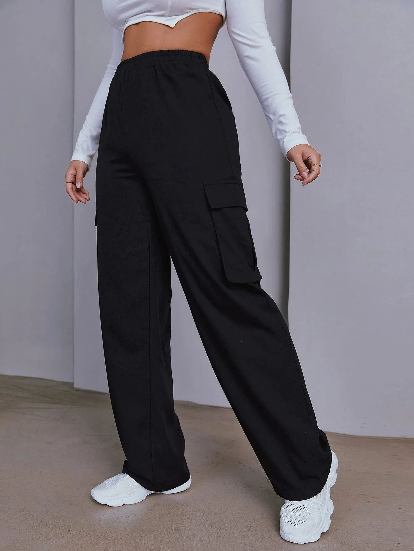 Plain Flap Pocket Side Casual Cargo Pants