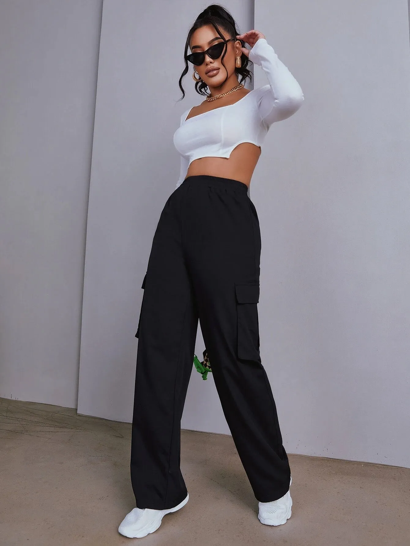 Plain Flap Pocket Side Casual Cargo Pants