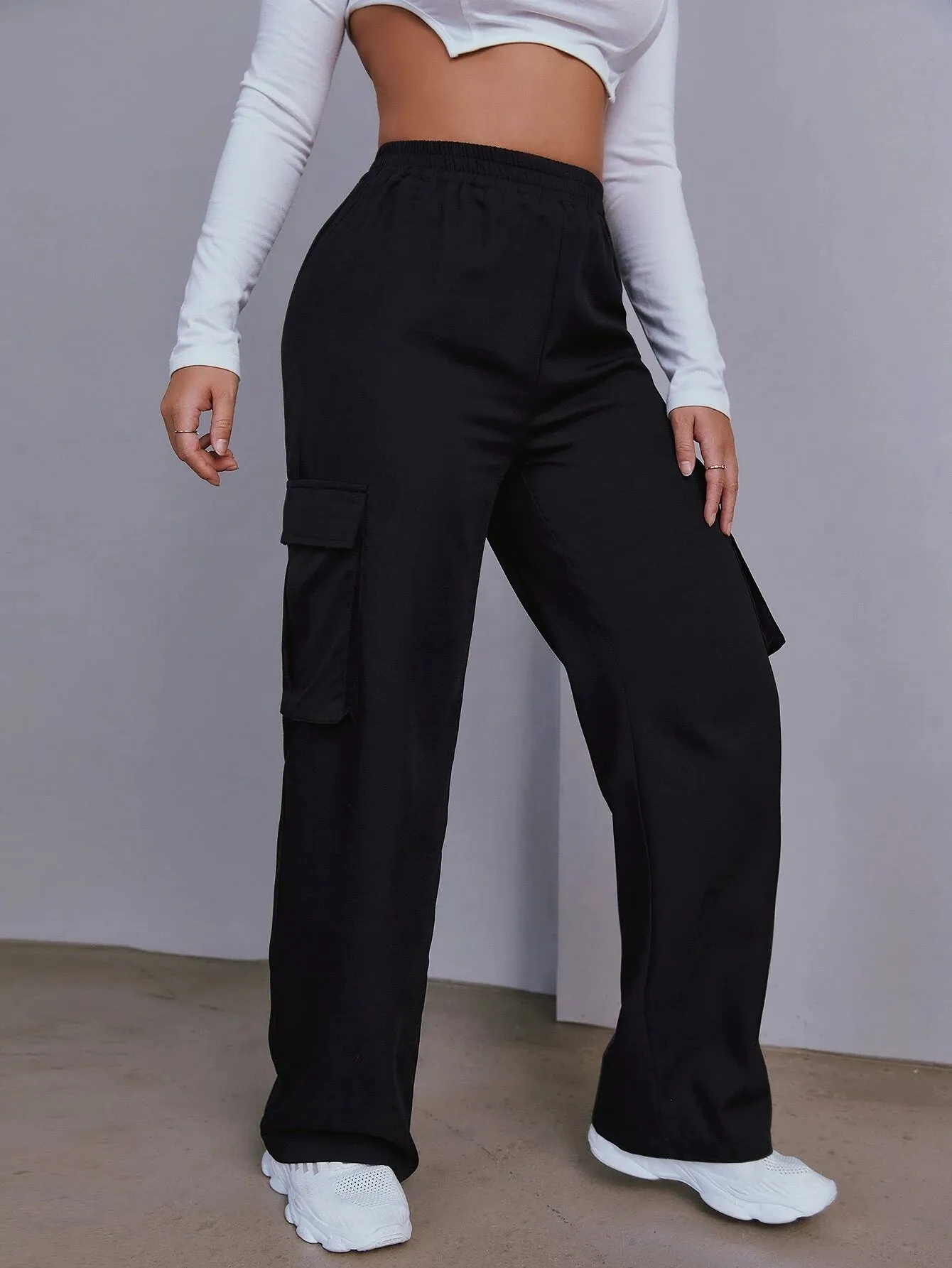Plain Flap Pocket Side Casual Cargo Pants