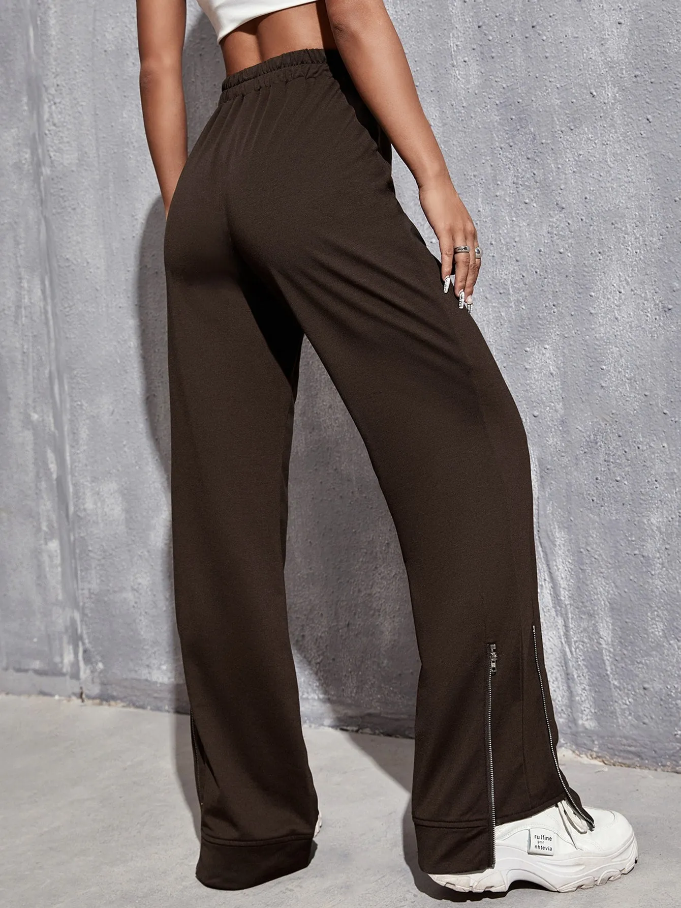 Plain Zipper High Waist Long Women Sweatpants