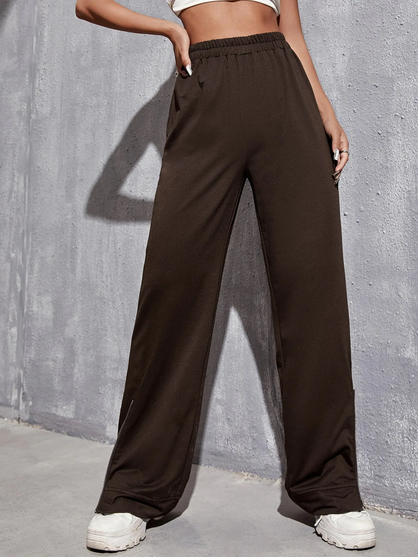 Plain Zipper High Waist Long Women Sweatpants