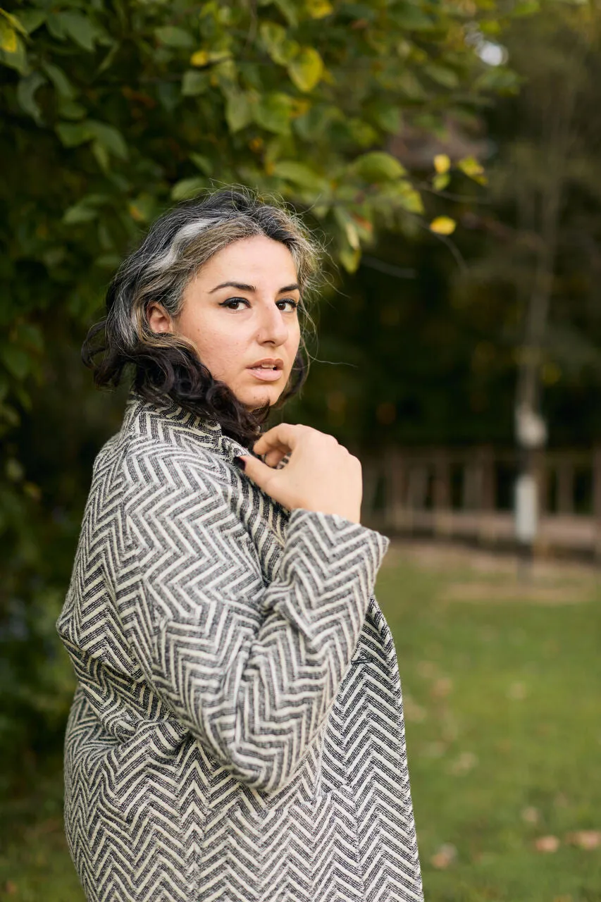 Portuguese Wool Pieper Coat in Black and White Herringbone