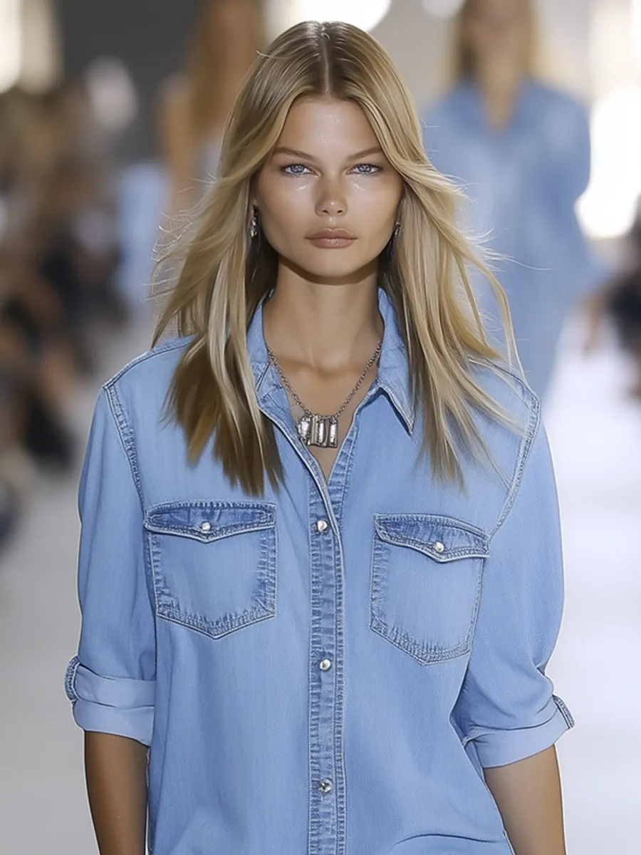 Premium Light Denim Loose Shirt Mini Dress