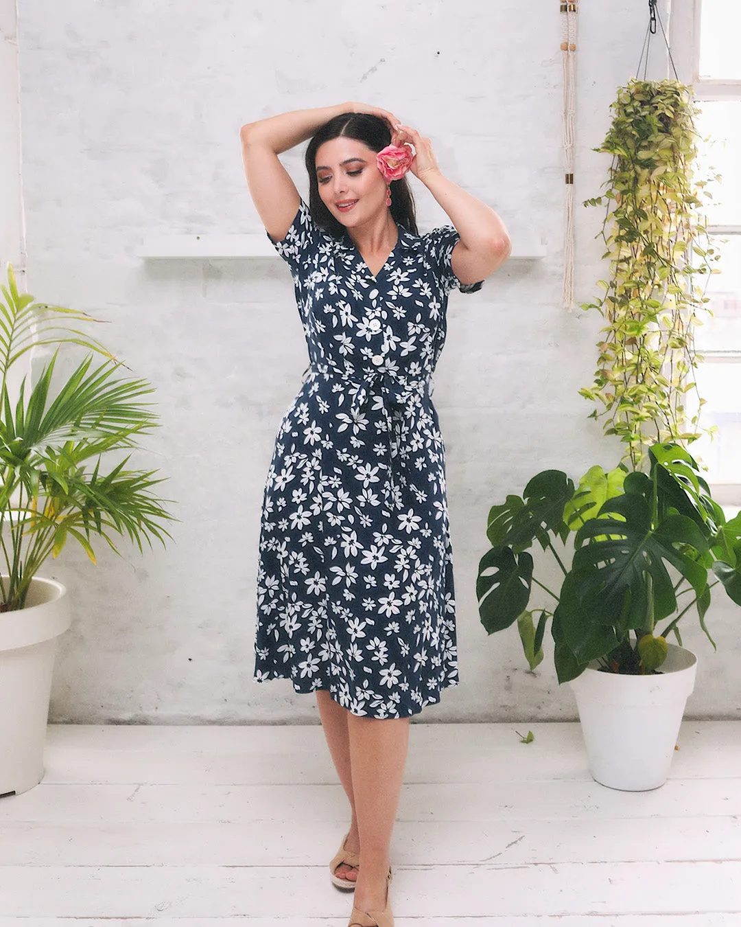 Pretty Retro 40s Shirt Dress - Navy Tiki