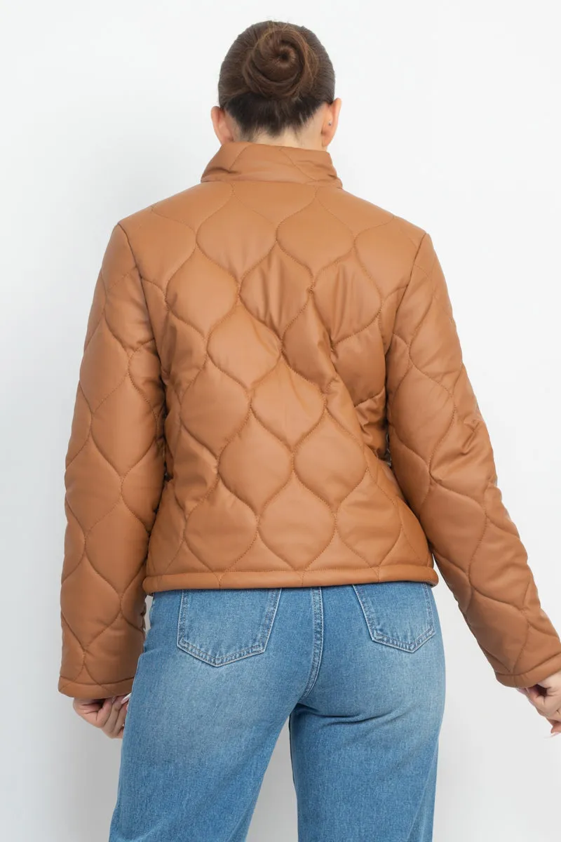 Quilted Button Front Mock Neck Jacket