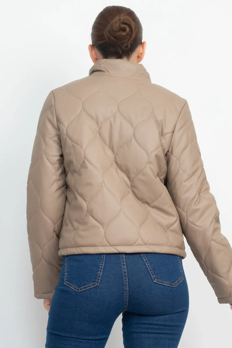 Quilted Button Front Mock Neck Jacket