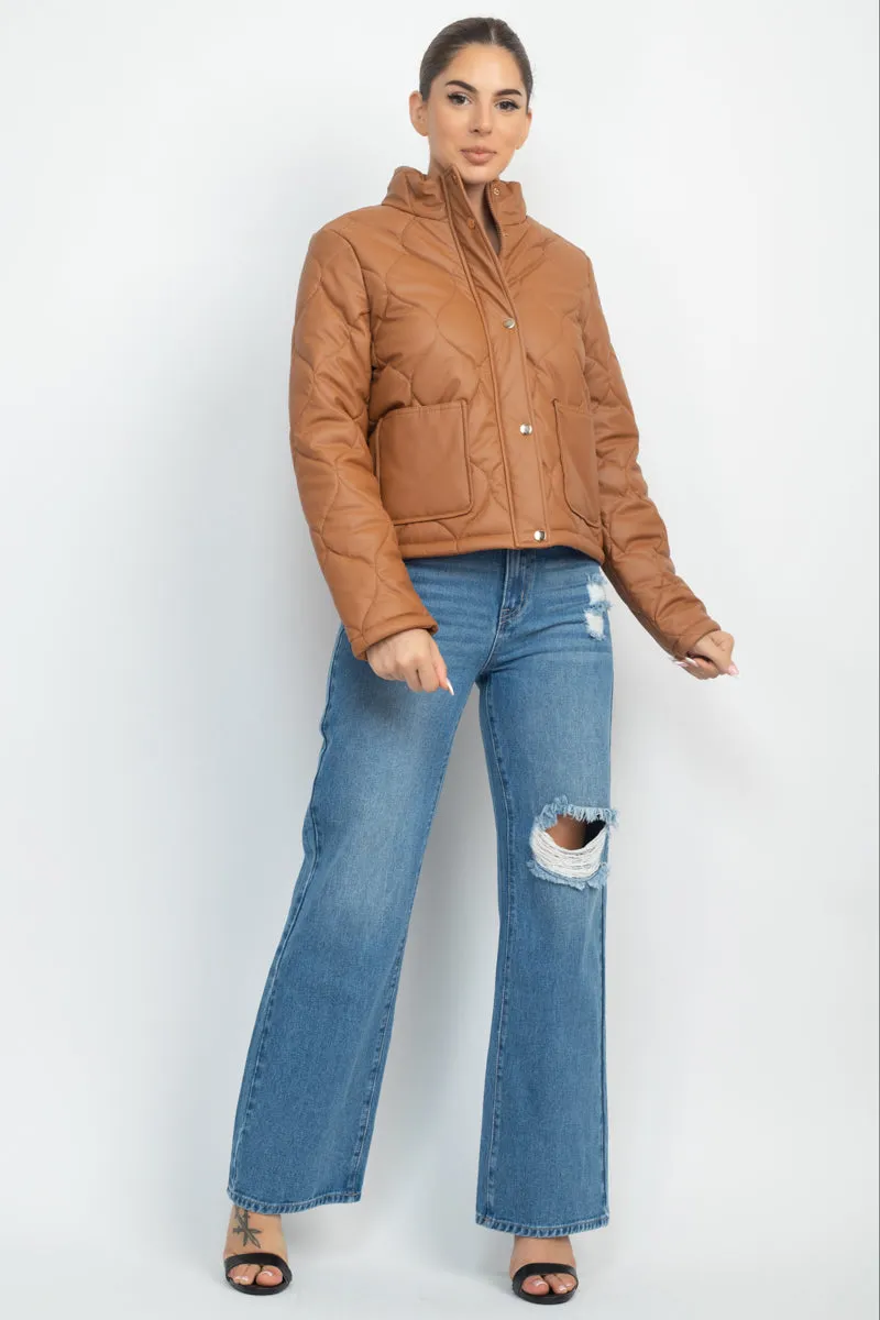 Quilted Button Front Mock Neck Jacket