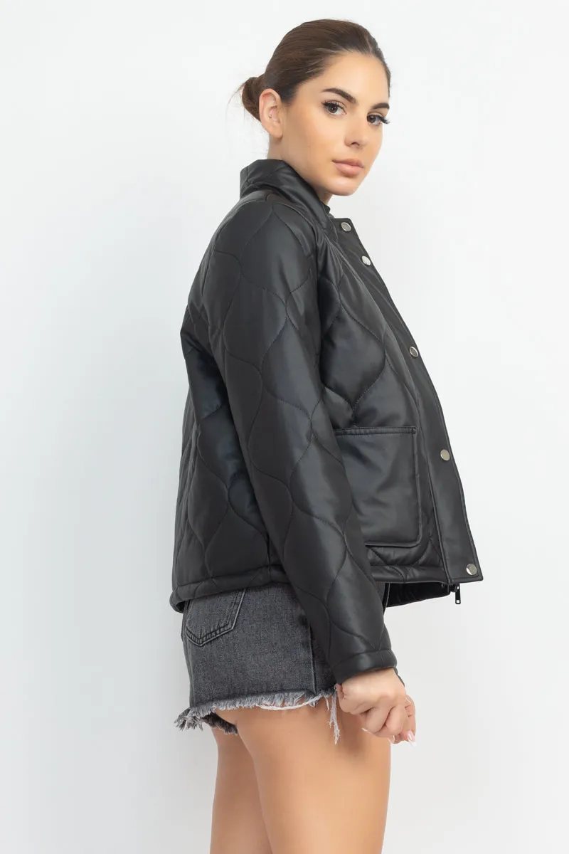 Quilted Button Front Mock Neck Jacket