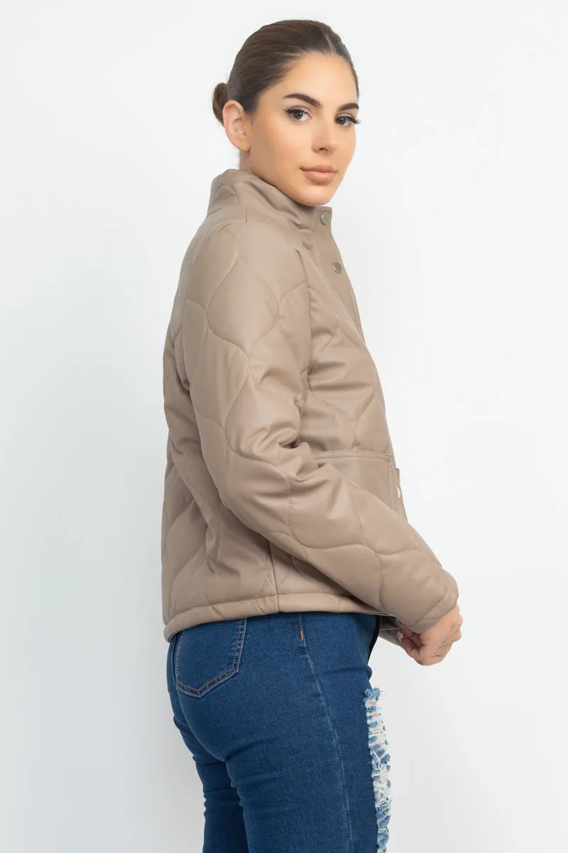 Quilted Button Front Mock Neck Jacket