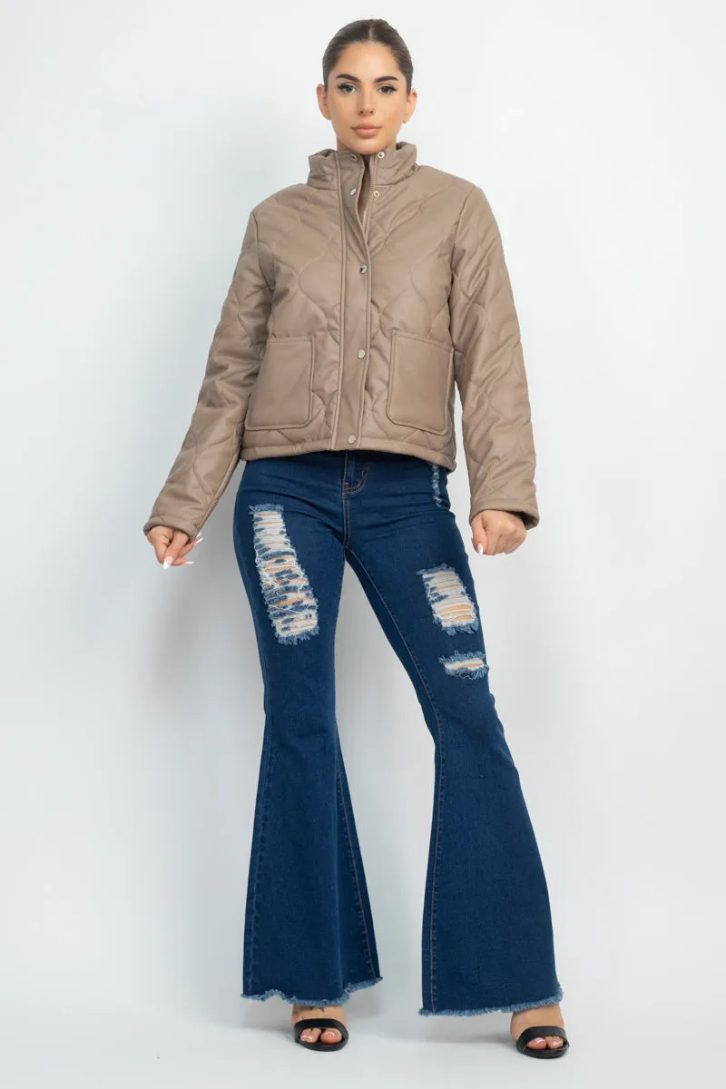 Quilted Button Front Mock Neck Jacket