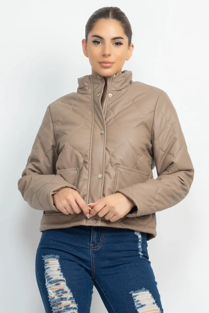 Quilted Button Front Mock Neck Jacket