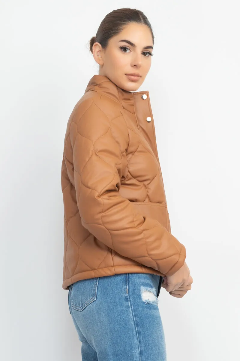 Quilted Button Front Mock Neck Jacket