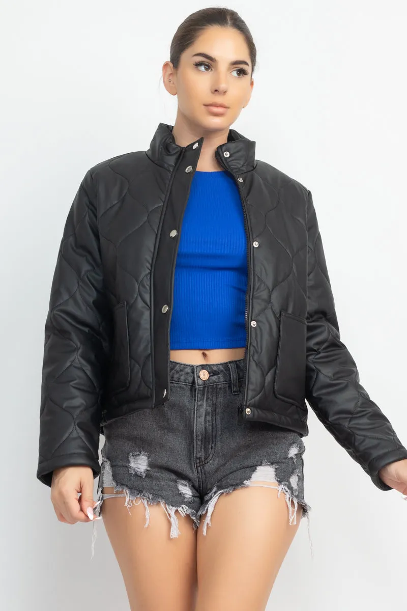 Quilted Button Front Mock Neck Jacket