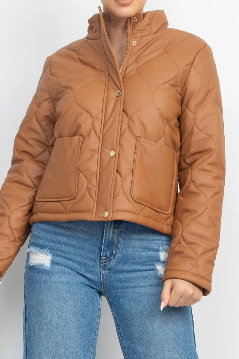 Quilted Button Front Mock Neck Jacket