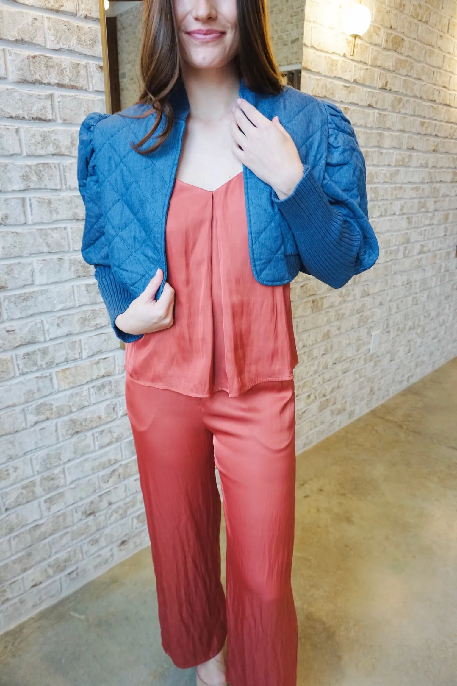 Quilted Denim Puff Jacket with Ribbed Sleeve