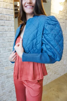 Quilted Denim Puff Jacket with Ribbed Sleeve