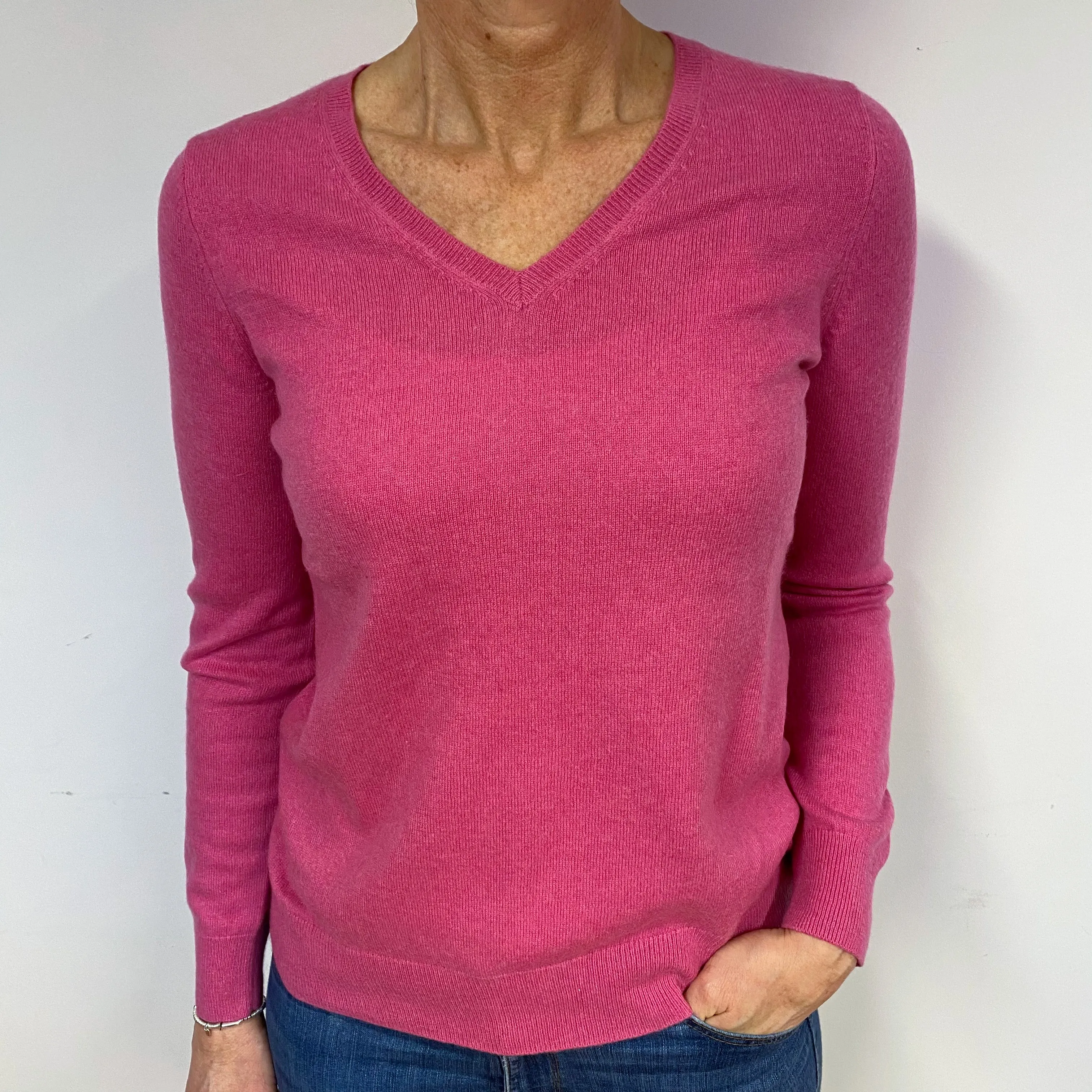 Rose Pink Cashmere V-Neck Jumper Medium