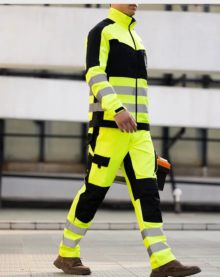 Safety Gear: Reflective Workwear Set. Wear-resistant Repairman Work Suits Fluorescent Zipper Jacket And Pants Set Multi Pockets