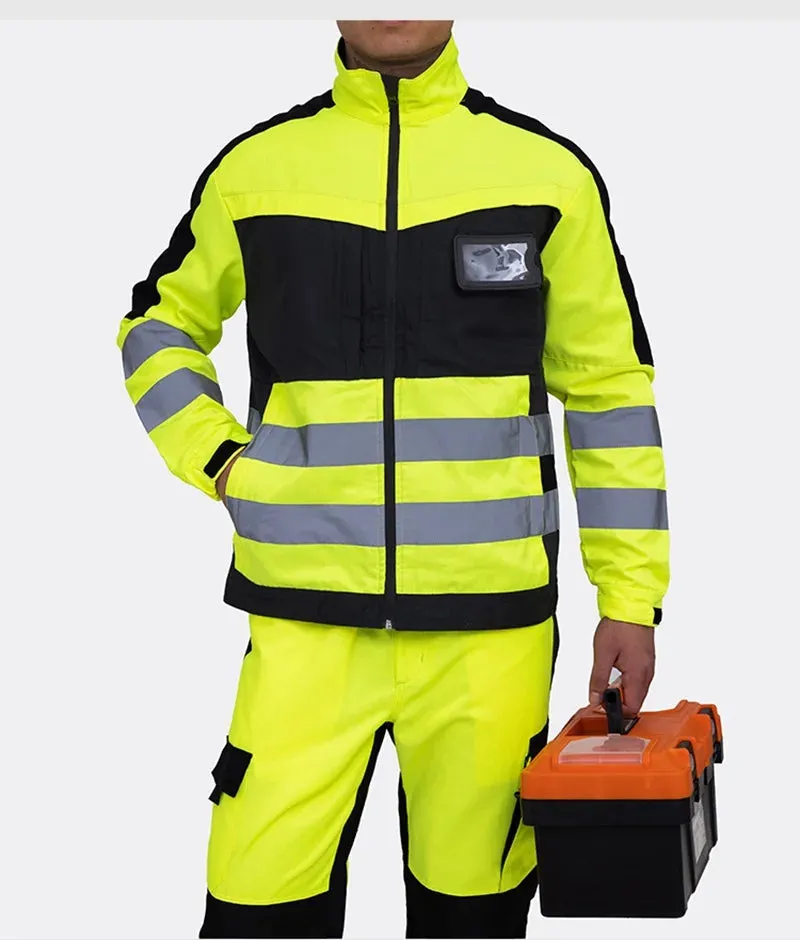 Safety Gear: Reflective Workwear Set. Wear-resistant Repairman Work Suits Fluorescent Zipper Jacket And Pants Set Multi Pockets