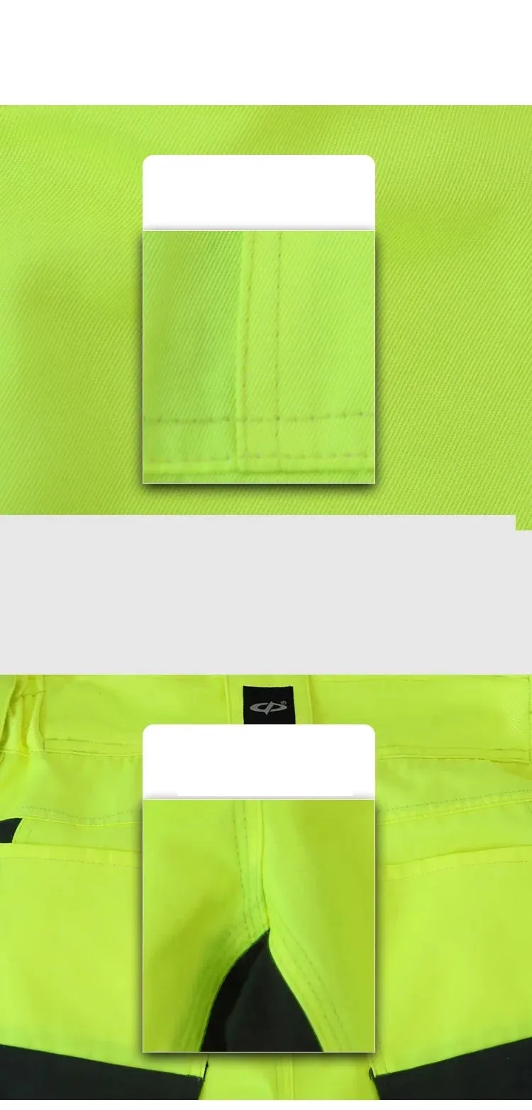 Safety Gear: Reflective Workwear Set. Wear-resistant Repairman Work Suits Fluorescent Zipper Jacket And Pants Set Multi Pockets