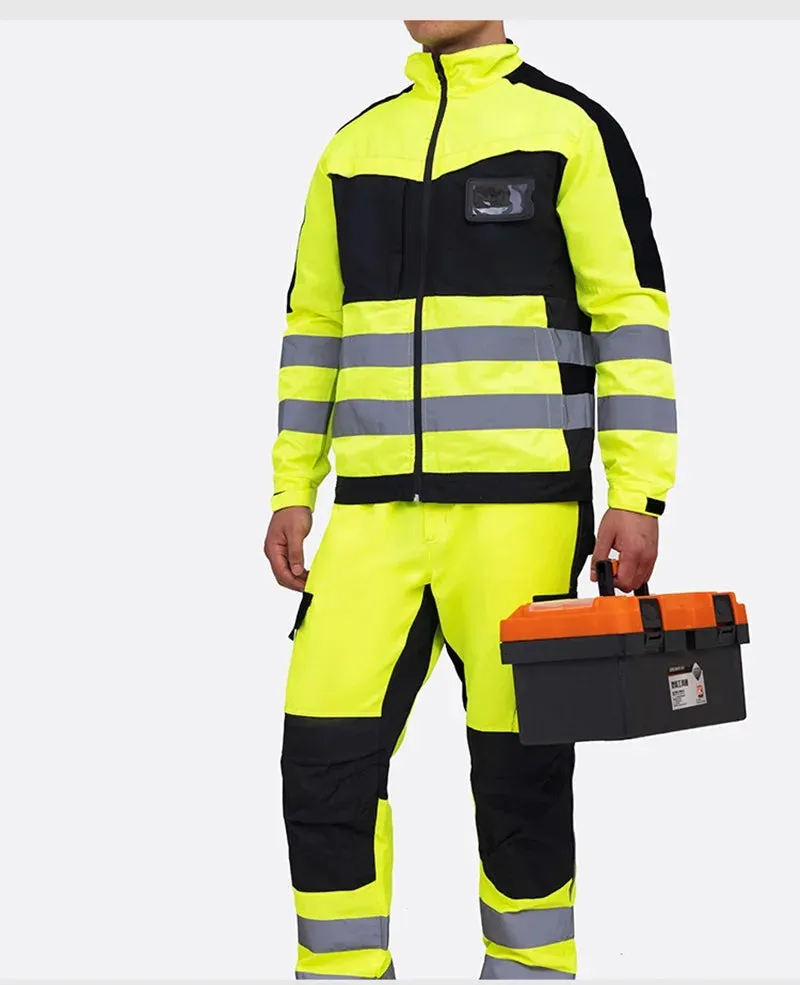 Safety Gear: Reflective Workwear Set. Wear-resistant Repairman Work Suits Fluorescent Zipper Jacket And Pants Set Multi Pockets