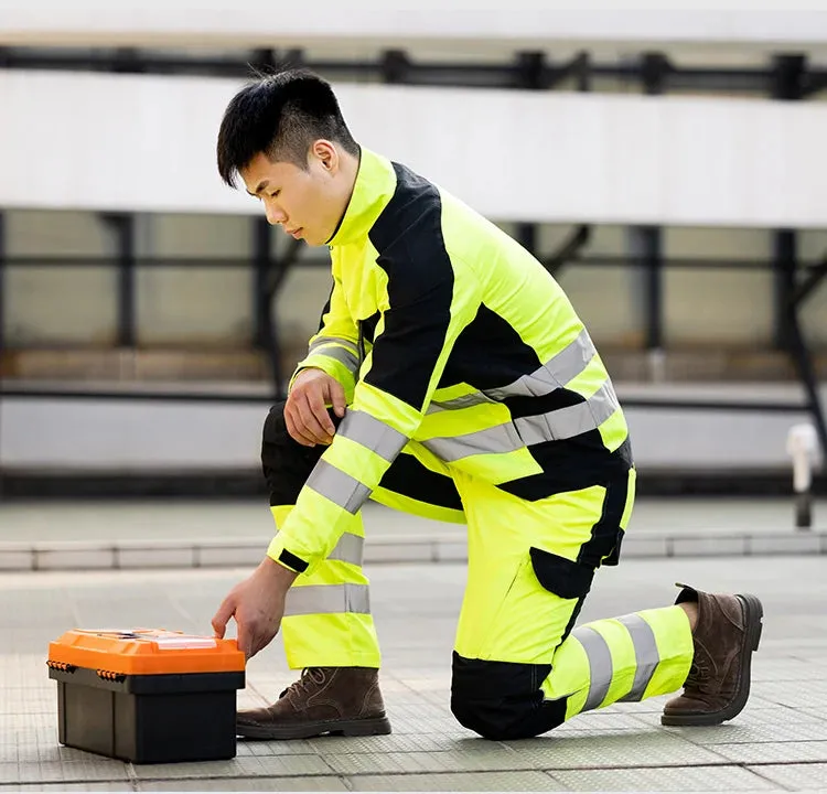 Safety Gear: Reflective Workwear Set. Wear-resistant Repairman Work Suits Fluorescent Zipper Jacket And Pants Set Multi Pockets