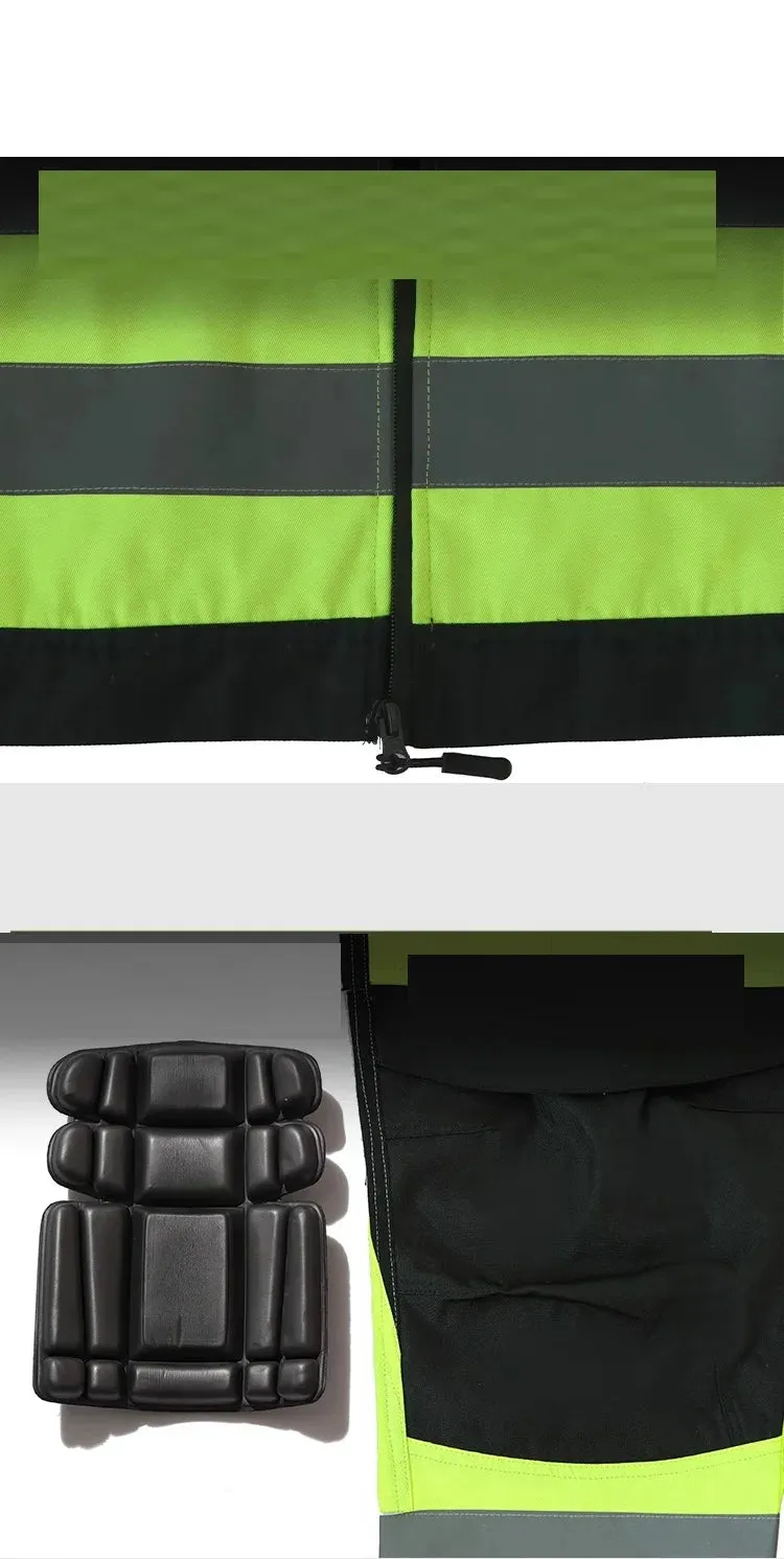 Safety Gear: Reflective Workwear Set. Wear-resistant Repairman Work Suits Fluorescent Zipper Jacket And Pants Set Multi Pockets