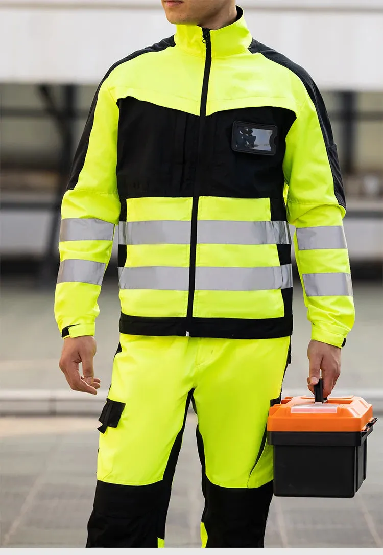 Safety Gear: Reflective Workwear Set. Wear-resistant Repairman Work Suits Fluorescent Zipper Jacket And Pants Set Multi Pockets