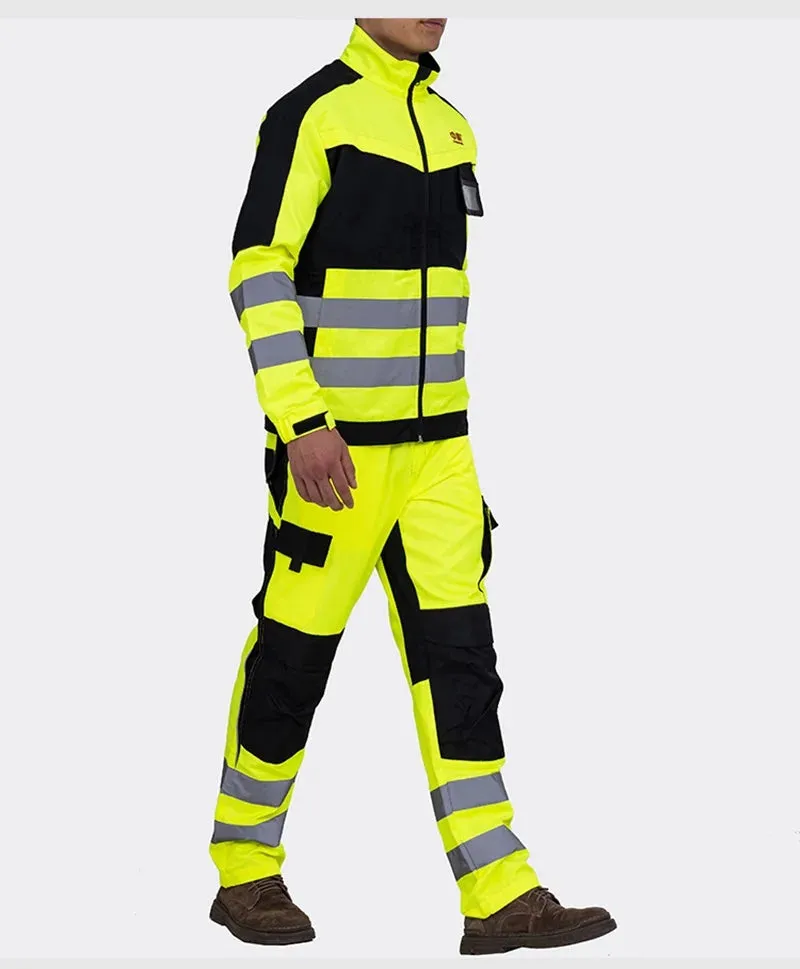 Safety Gear: Reflective Workwear Set. Wear-resistant Repairman Work Suits Fluorescent Zipper Jacket And Pants Set Multi Pockets