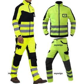 Safety Gear: Reflective Workwear Set. Wear-resistant Repairman Work Suits Fluorescent Zipper Jacket And Pants Set Multi Pockets