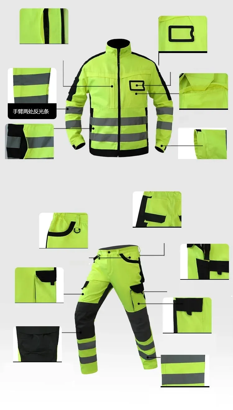 Safety Gear: Reflective Workwear Set. Wear-resistant Repairman Work Suits Fluorescent Zipper Jacket And Pants Set Multi Pockets