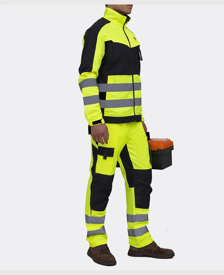 Safety Gear: Reflective Workwear Set. Wear-resistant Repairman Work Suits Fluorescent Zipper Jacket And Pants Set Multi Pockets