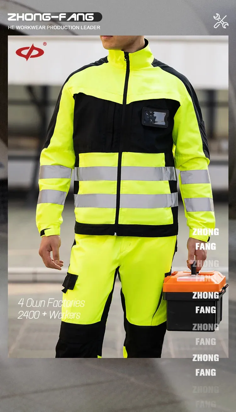 Safety Gear: Reflective Workwear Set. Wear-resistant Repairman Work Suits Fluorescent Zipper Jacket And Pants Set Multi Pockets