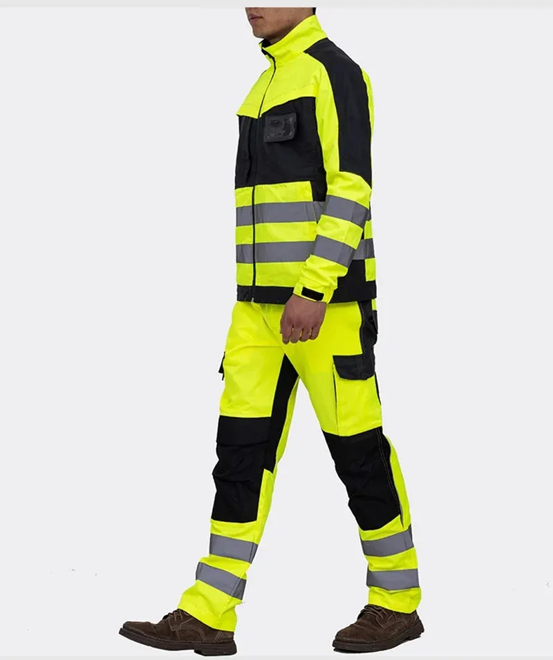 Safety Gear: Reflective Workwear Set. Wear-resistant Repairman Work Suits Fluorescent Zipper Jacket And Pants Set Multi Pockets