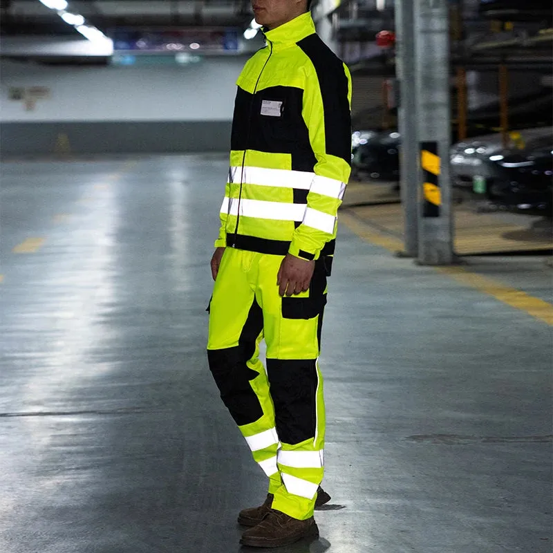 Safety Gear: Reflective Workwear Set. Wear-resistant Repairman Work Suits Fluorescent Zipper Jacket And Pants Set Multi Pockets