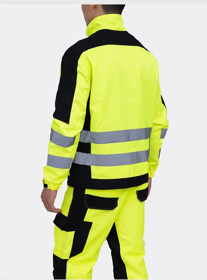 Safety Gear: Reflective Workwear Set. Wear-resistant Repairman Work Suits Fluorescent Zipper Jacket And Pants Set Multi Pockets
