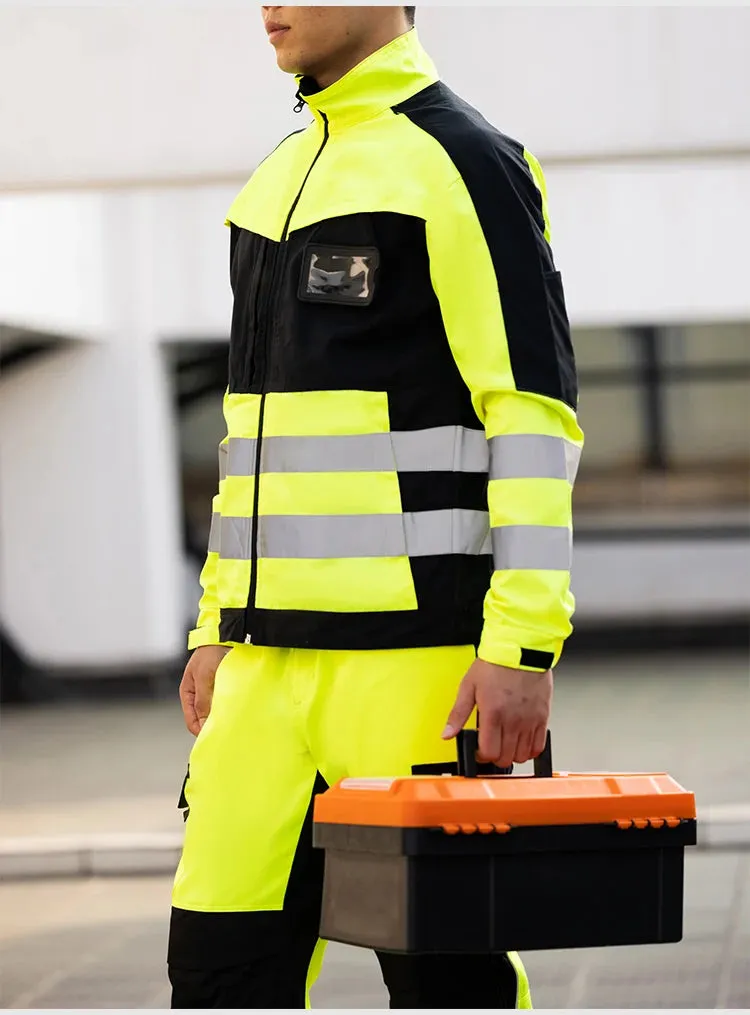 Safety Gear: Reflective Workwear Set. Wear-resistant Repairman Work Suits Fluorescent Zipper Jacket And Pants Set Multi Pockets