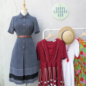 Serina | Vintage 1950s 1960s Simple black polka dot shirt shirt dress with solid stripe hem