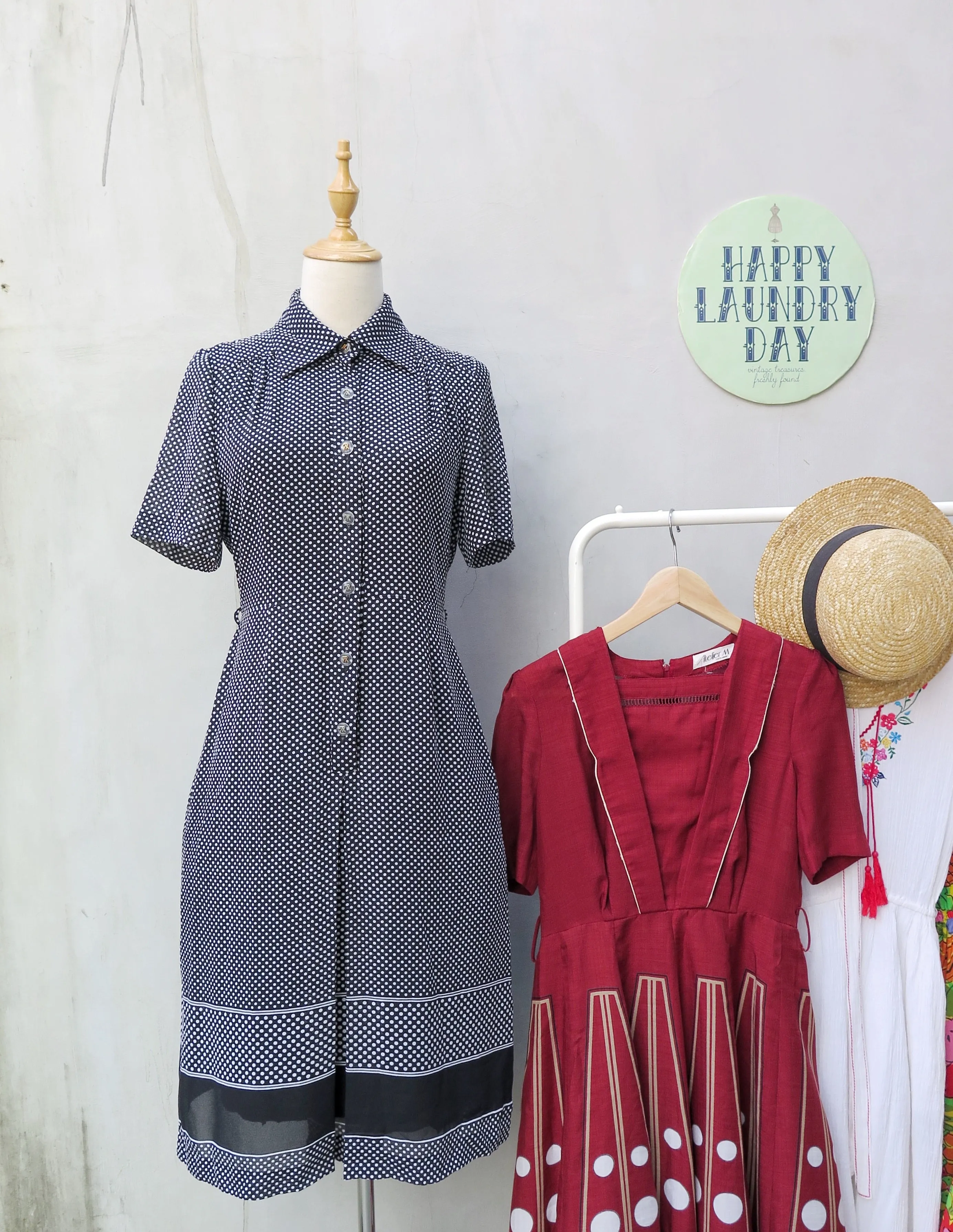 Serina | Vintage 1950s 1960s Simple black polka dot shirt shirt dress with solid stripe hem