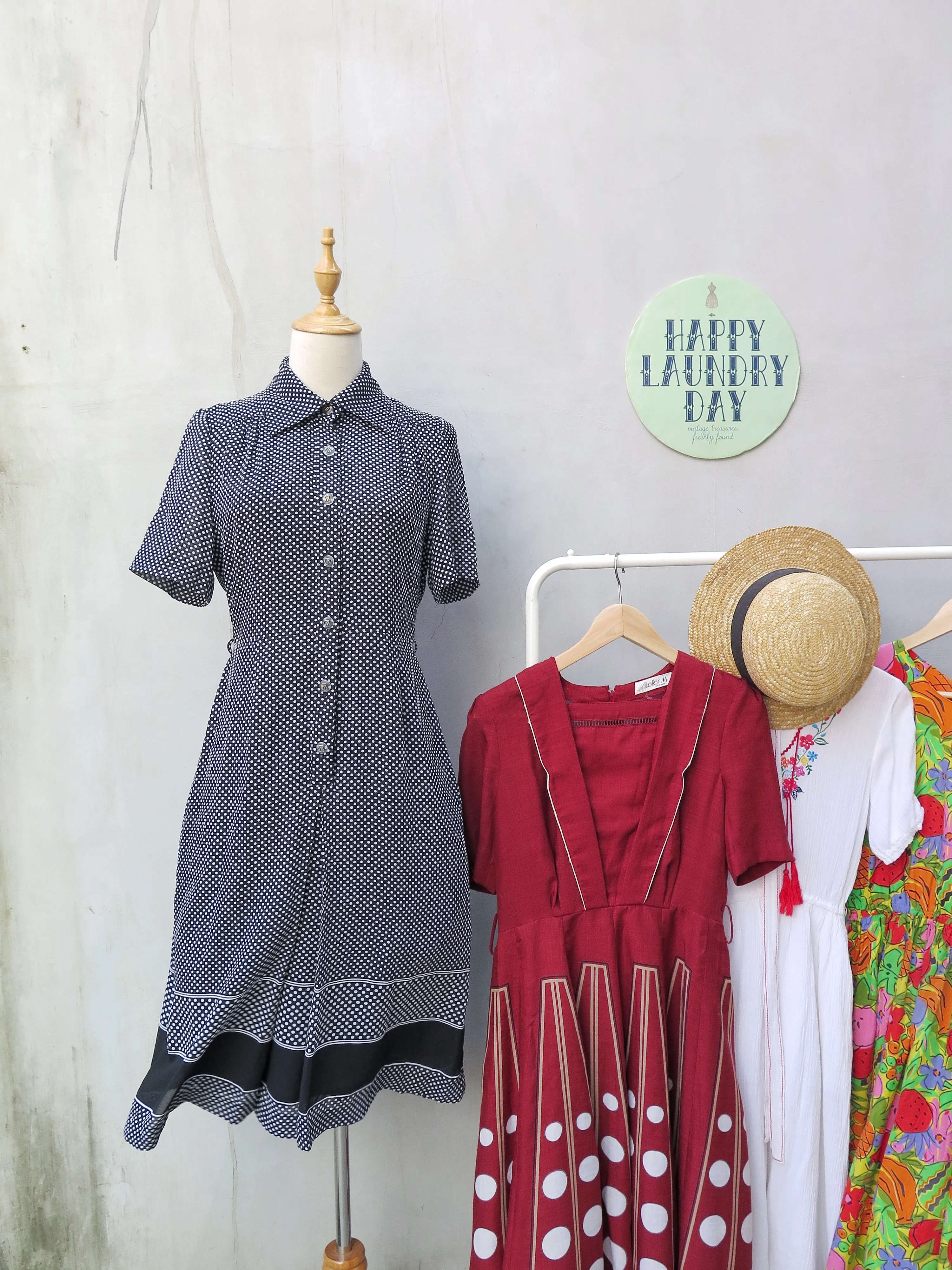 Serina | Vintage 1950s 1960s Simple black polka dot shirt shirt dress with solid stripe hem