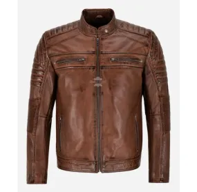 SPEED Chestnut Leather Jacket Men's Classic Racer Style Jacket