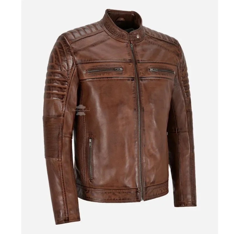 SPEED Chestnut Leather Jacket Men's Classic Racer Style Jacket