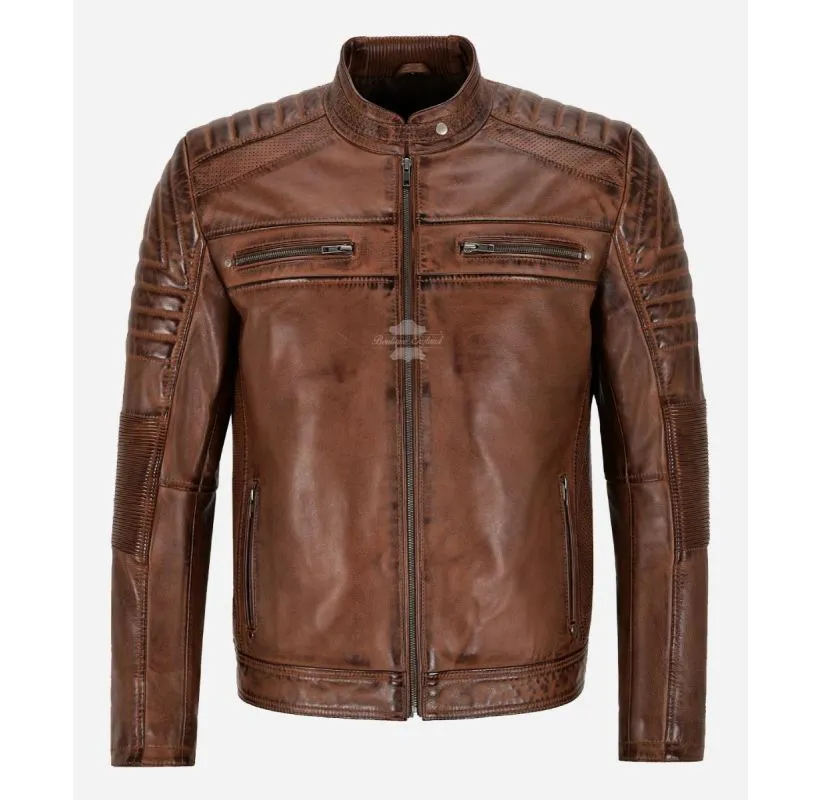 SPEED Chestnut Leather Jacket Men's Classic Racer Style Jacket