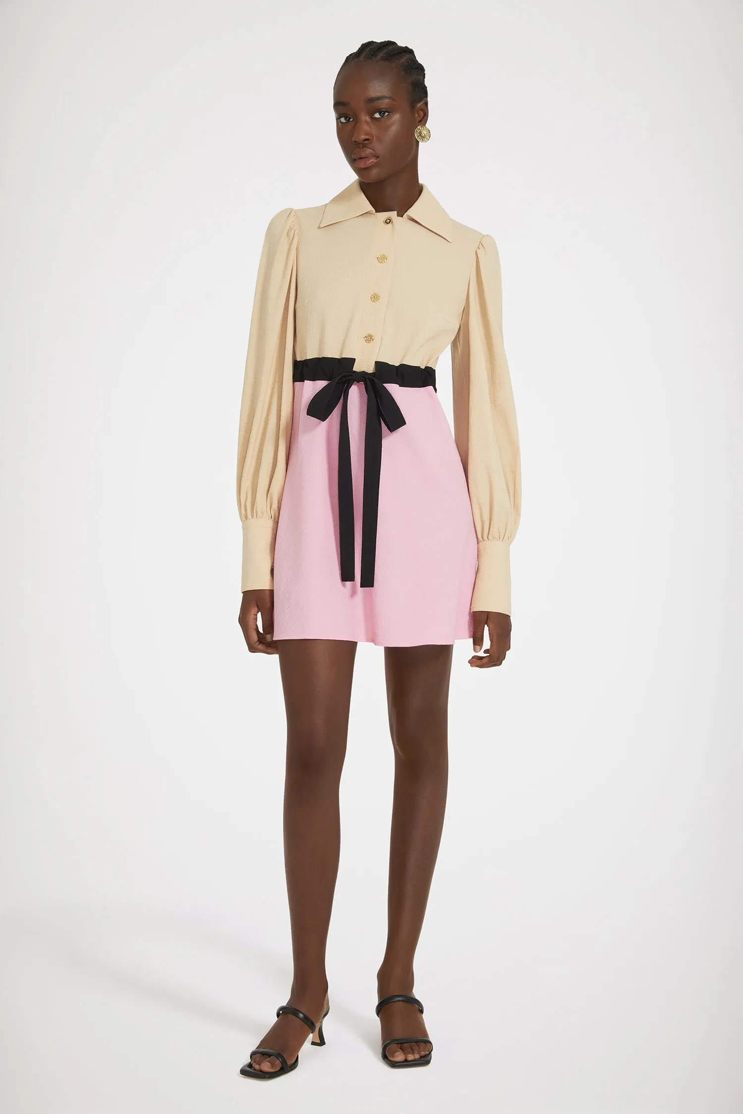 Two-tone mini shirt dress in seersucker