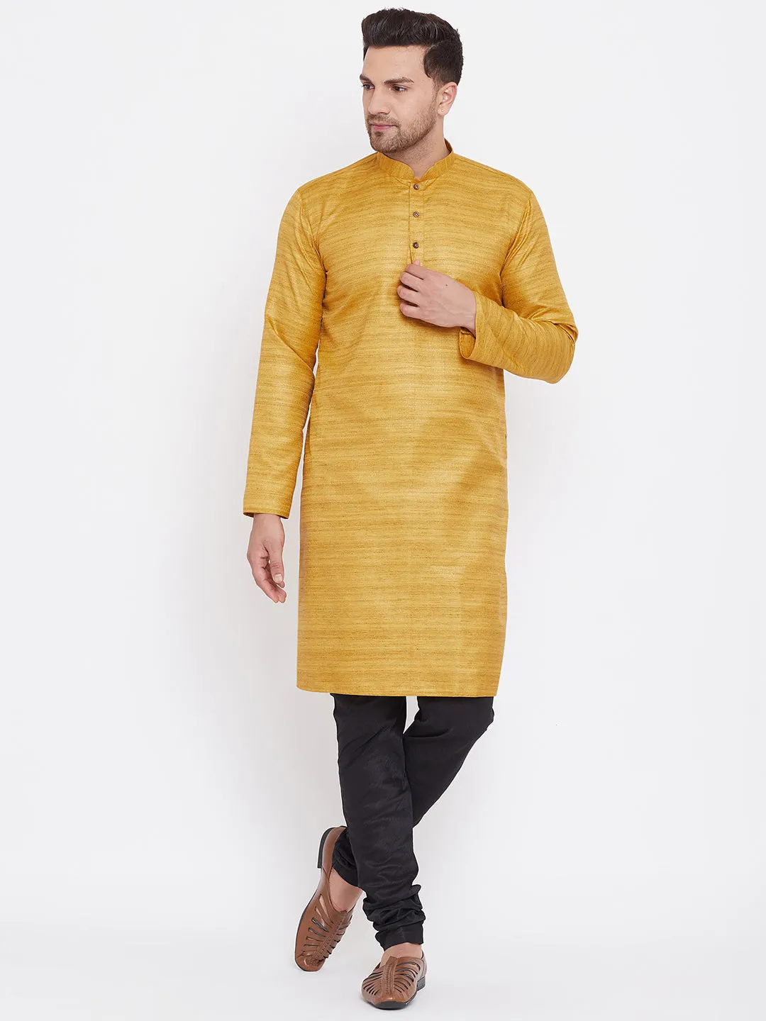 VASTRAMAY Men's Mustard Silk Kurta Pyjama