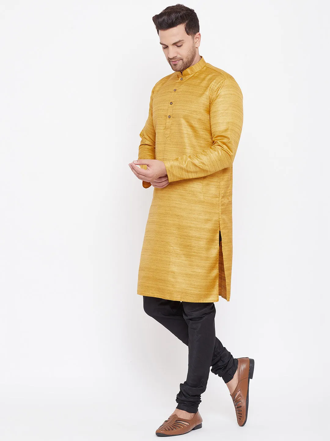 VASTRAMAY Men's Mustard Silk Kurta Pyjama