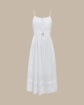 White Embroidery Shirred Slip Midi Dress