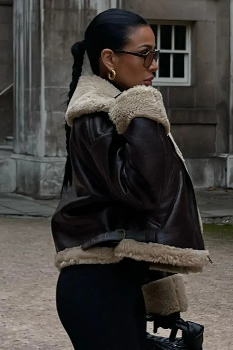 Women's Brown Cropped Lined Leather Sherpa Jacket