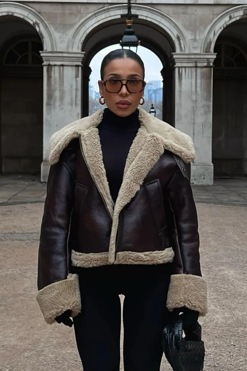 Women's Brown Cropped Lined Leather Sherpa Jacket