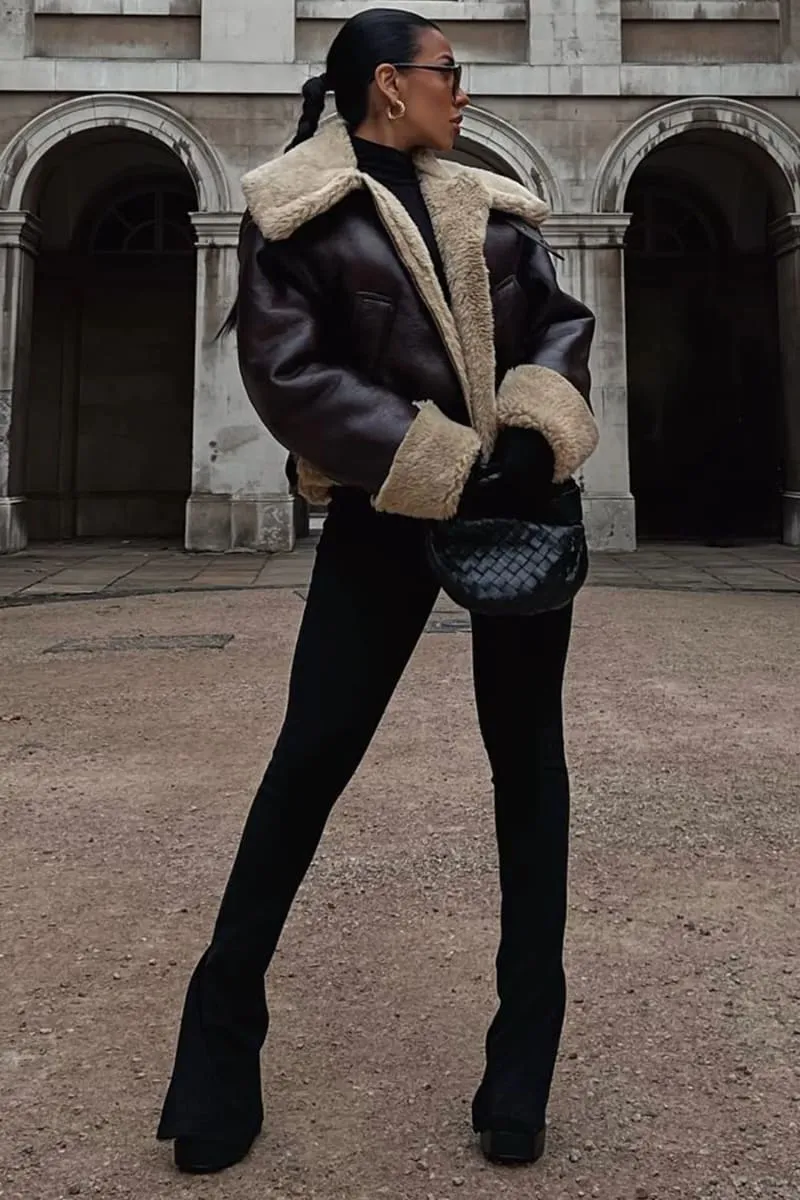 Women's Brown Cropped Lined Leather Sherpa Jacket